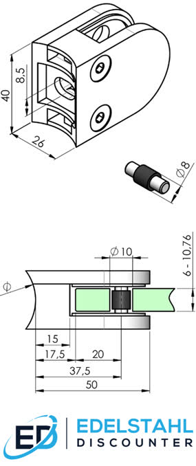 technisches Datenblatt Glashalter 50x40 mm für Rohr 33,7 mm