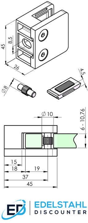 Datenblatt Glasklemme 45x45 mm flach mit Sicherungsplatte und Stift