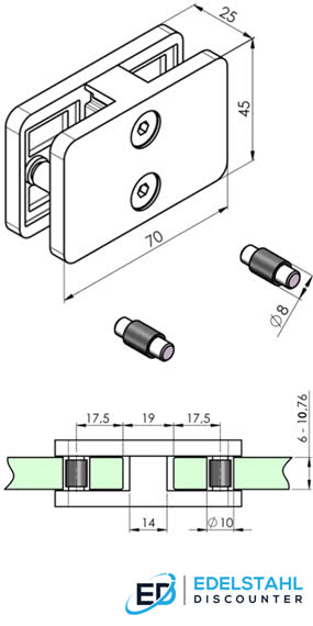 Edelstahl Glasverbinder gerade - technische Zeichnung