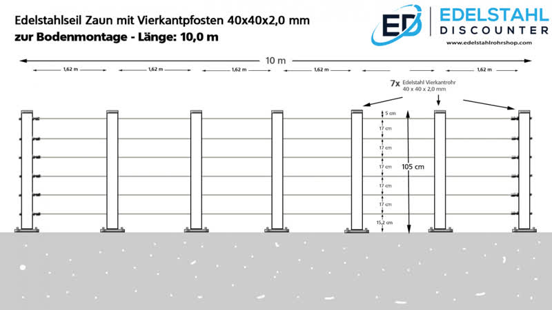 Edelstahl Zaun mit Seilen zur Bodenmontage