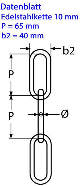 Maßblatt zur 10 mm Edelstahlkette langgliedrig