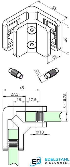 Glasverbinder Winkel 90 Grad - technische Zeichnung