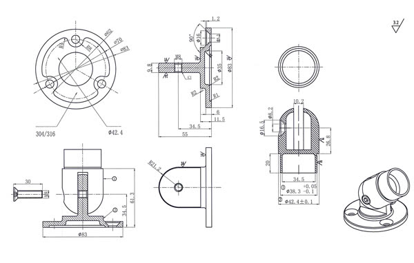 Massblatt Wandanschluß mit Gelenk 42,4x2,0 mm