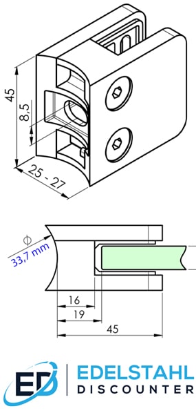 Masszeichnung Glasklemme 45 x 45 mm für Rohr 33,7 mm