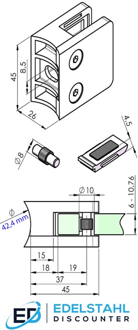 Masszeichnung zur Glasklemme 45 x 45 mm mit Sicherung und Stift für Rohr 42,4 mm