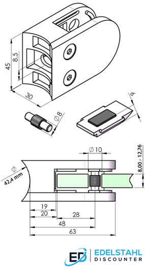 Masszeichnung Glasklemme 63x45 mm für Rohr 42,4 mm mit Stift und Sicherungsplatte