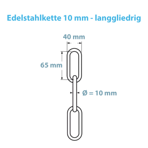 Datenblatt mit allen Maßen der langgliedrigen 10 mm Edelstahlkette