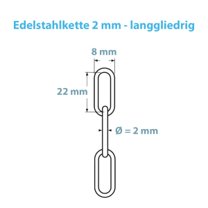 Maßblatt mit allen Details zur langgliedrigen Edelstahlkette mit 2 mm