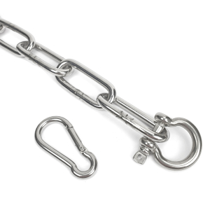 2 mm Edelstahlkette langgliedrig ähnlich DIN 5685 mit einem Schäkel und einem Karabinerhaken