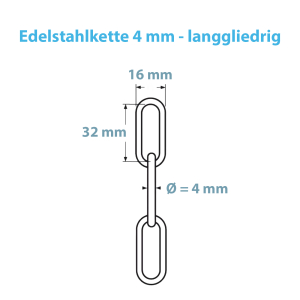 Übersicht aller Maße der langgliedrigen Edelstahlkette mit 4 mm