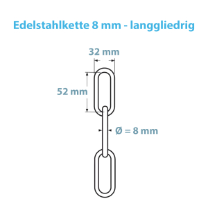 Maßskizze der 8 mm Edelstahlkette - langgliedrig