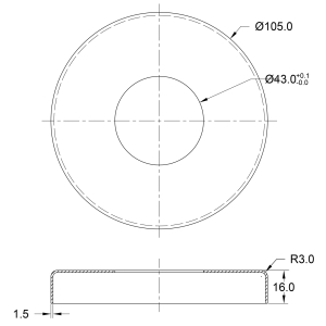 Masszeichnung Edelstahl Rosette 105 mm Ø - Mittelbohrung 43 mm - Höhe 16 mm