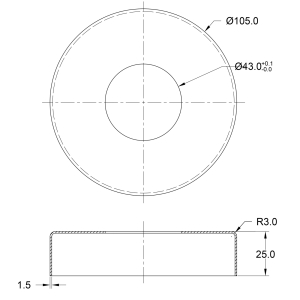 Masszeichnung Edelstahl Rosette 105 mm Durchmesser - Mittelbohrung 43 mm - hohe Ausführung