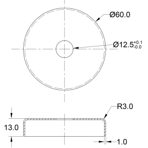 Masszeichnung Edelstahl Rosette 60 mm mit Mittelbohrung 12,5 mm