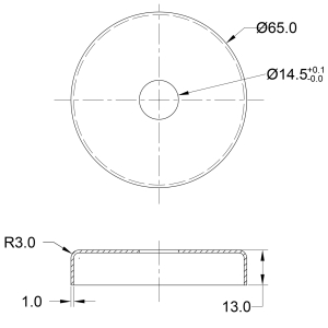 Masszeichnung Rosette Edelstahl mit 65 mm Ø + Mittelbohrung 14,5 mm