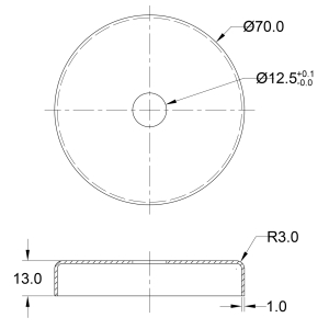 Masszeichnung Abdeckrosette 70 mm - Bohrung 12,5 mm