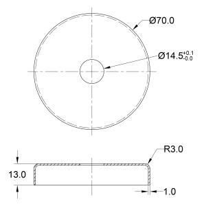 Masszeichnung Edelstahl Abdeckrosette 70 mm - Bohrung 14,5 mm - S012010