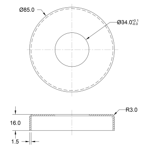 Masszeichnung Rosette Edelstahl 85 mm Ø - Mittelbohrung 34 mm