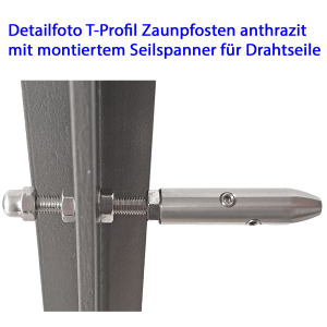Detailfoto T-Profil Zaunpfosten anthrazit mit Seilspanner für Drahtseile
