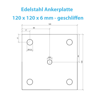 Maßblatt der Ankerplatte mit den Maßen 120 x 120 x 6 mm und 5 Bohrungen