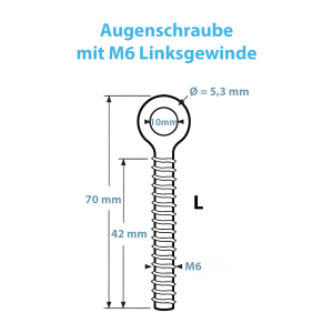 Technische Zeichnung zu den M6 Augenschrauben mit Linksgewinde