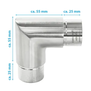 Maße zum Edelstahl Eckfitting mit 90 Grad in der langen Form
