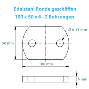 Technische Zeichnung der Ankerplatte mit 2 Loch - 100 x 50 x 6 mm