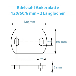 Maßblatt der Ankerplatte mit den Maßen 120 x 60 x 6 mm und zwei Langlöchern