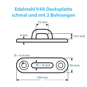 Technische Zeichnung zur schmalen Decksplatte mit 2 Bohrungen