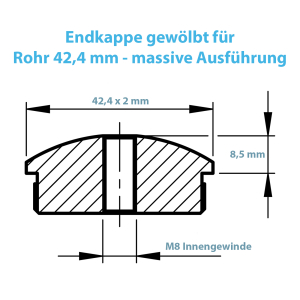 Technische Zeichnung zur gewölbten massiven Endkappe mit M8 Gewinde