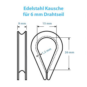 Technische Zeichnung zur Kausche für das 6 mm Drahtseil