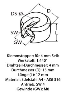 Bemassung Klemmstopper edelstahl 4mm