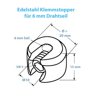 Bemaßung zum 6 mm Klemmstopper aus Edelstahl V4A