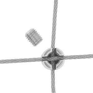 Einzelteile der Kreuzklemme mit eingelegtem 3 mm Drahtseil