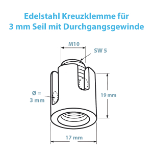 Technische Zeichnung zur Kreuzklemme mit Durchgangsgewinde für 3 mm Seil