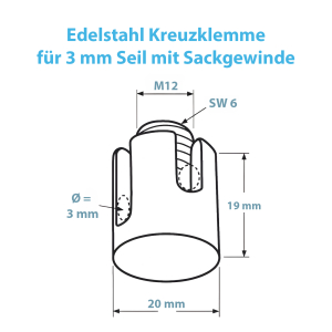 Datenblatt mit allen Maßen der Kreuzklemme mit Sackgewinde