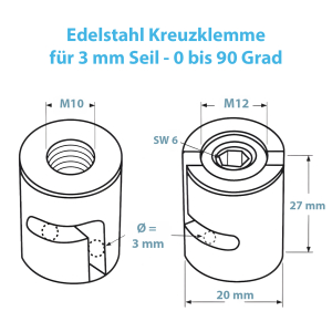 Technische Zeichnung der Kreuzklemme für 3 mm Seil - 0 bis 90 Grad einstellbar