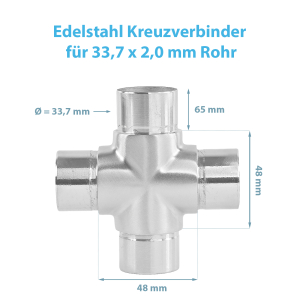 Übersicht aller Maße des Kreuzverbinders aus Edelstahl V2A mit 4 Abgängen