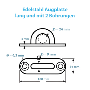 Technische Zeichnung der Edelstahl Augplatte - oval und in der Größe 100 x 36 mm