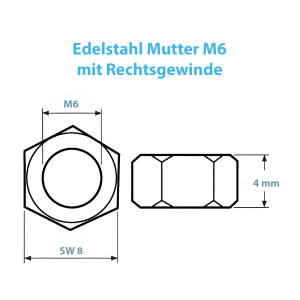 Maßblatt zur M6 Mutter aus Edelstahl