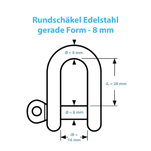 Technische Zeichnung zum Rundschäkel in der geraden Form und mit 8 mm