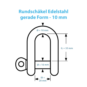 Maße zum Rundschäkel mit gerader Form und 10 mm