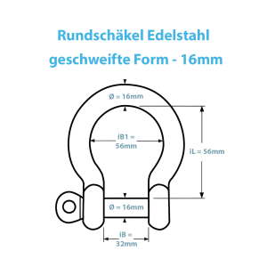 Rundschäkel aus Edelstahl 16mm - Technische Zeichnung