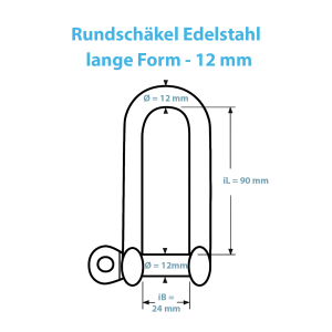 Skizze mit allen Maßen zum 12 mm Schäkel in der langen Form