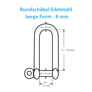 Maßblatt zum Schäkel mit 8 mm in der langen Form