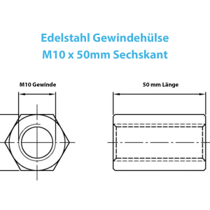 Technische Zeichnung der M10 x 50mm Gewindemuffe aus A2 Edelstahl
