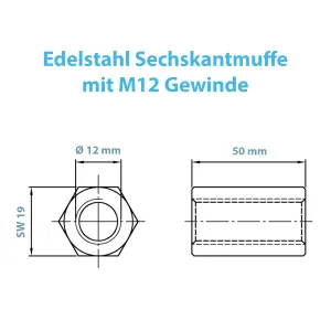 Maßblatt zur Edelstahl Sechskantmuffe mit M12 x 50 mm