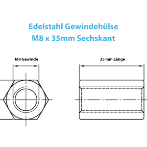 Technische Zeichnung der M8 x 35mm Gewindemuffe aus A2 Edelstahl