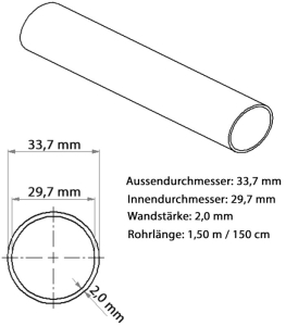 Massblatt Edelstahl Rundrohr 33,7 / 2,0 mm mit Länge 1,5 m - 150 cm