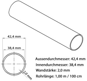 Abmessungen Edelstahl Rundrohr (V2A) 42,4 / 2,0 mm - Länge 1m - 100 cm
